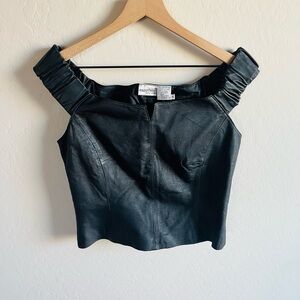 VTG Newportnews Women’s Leather Off The Shoulder Crop TopSz 10 Biker Whimsigoth